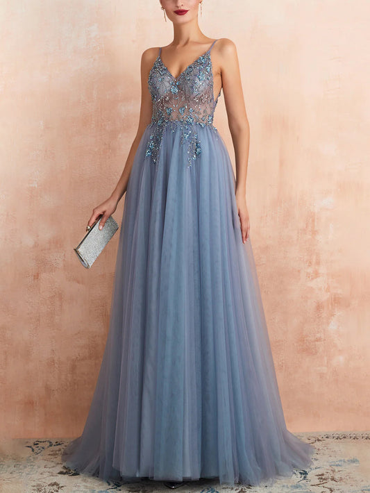 Tulle A-Line Spaghetti Straps Sleeveless-Prom Dress-GD100034