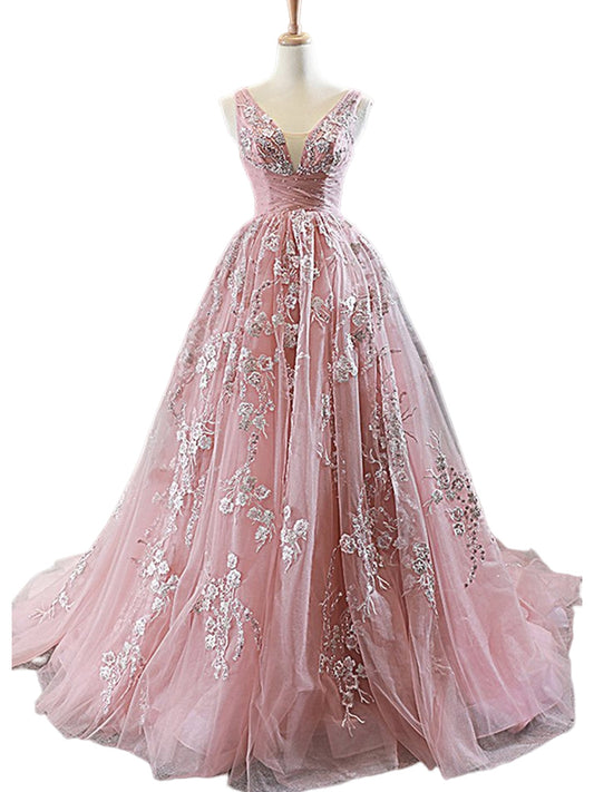 Lace A-Line V-Neck Sleeveless-Prom Dress-GD100219