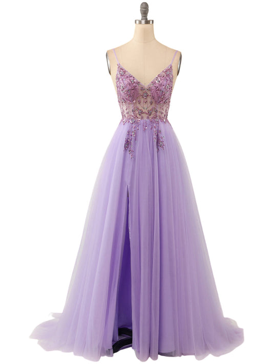 Tulle A-Line Spaghetti Straps Sleeveless-Prom Dress-GD101662
