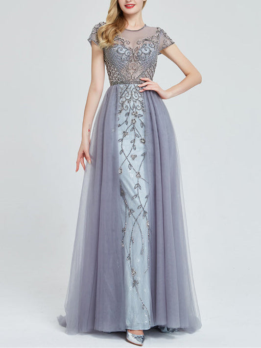 Tulle with Beading A-Line Scoop Neck Half Sleeves-Prom Dress-GD102024